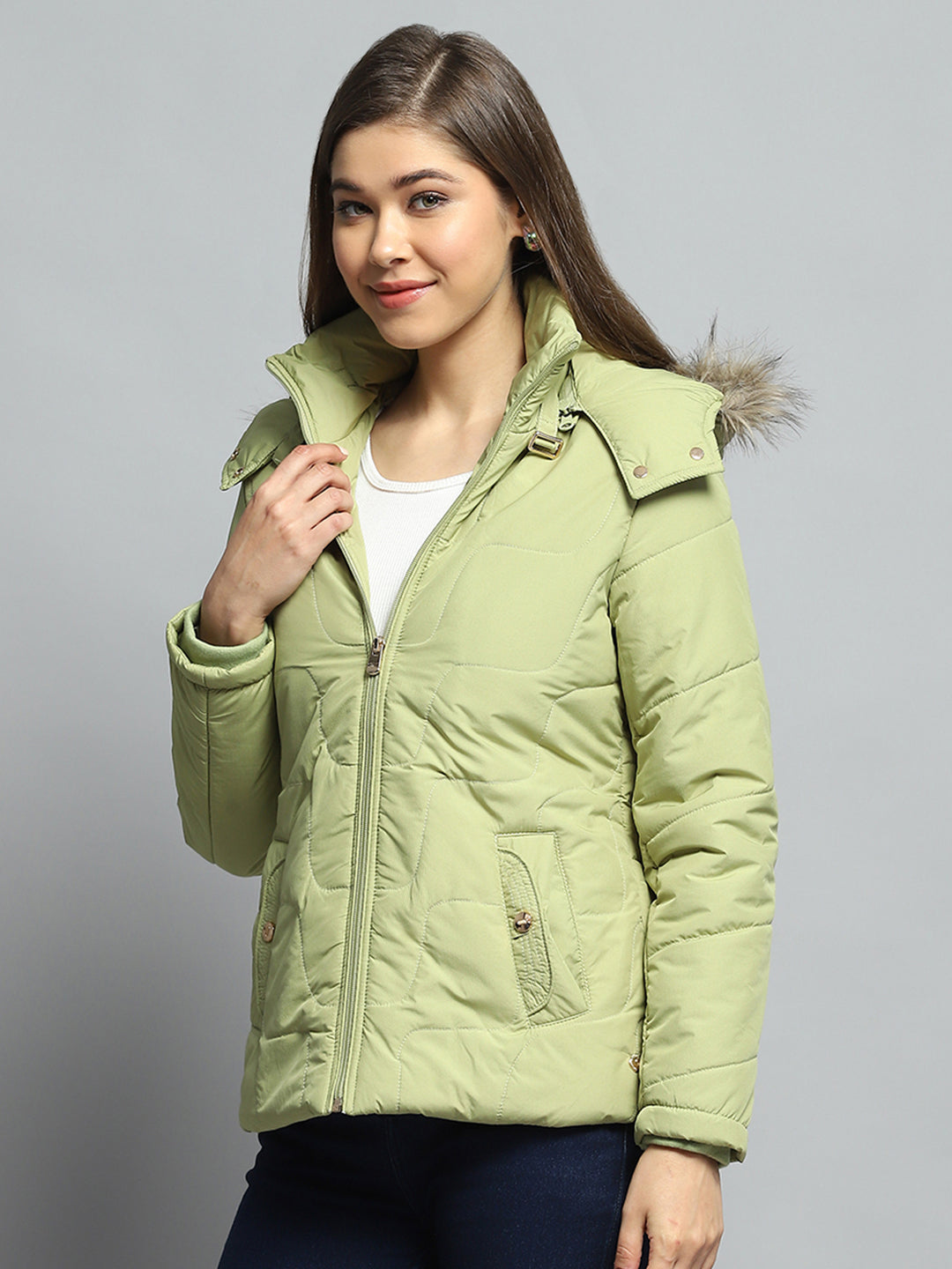 Women Green Self Design Detachable Hood Full Sleeve Jacket