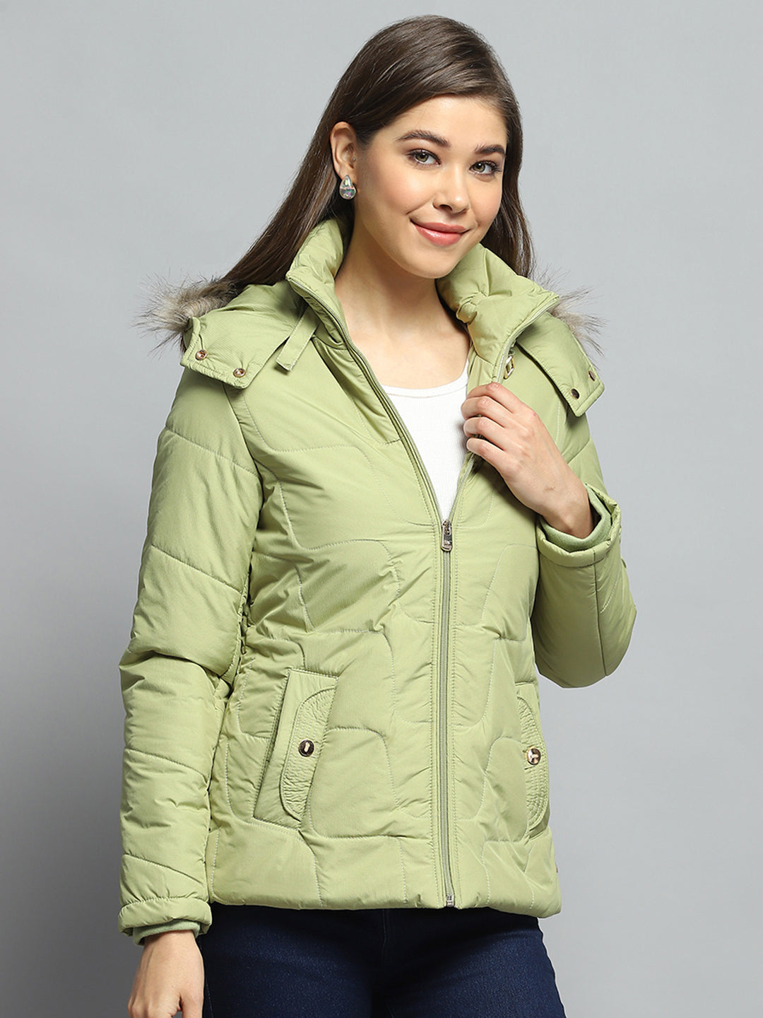 Women Green Self Design Detachable Hood Full Sleeve Jacket