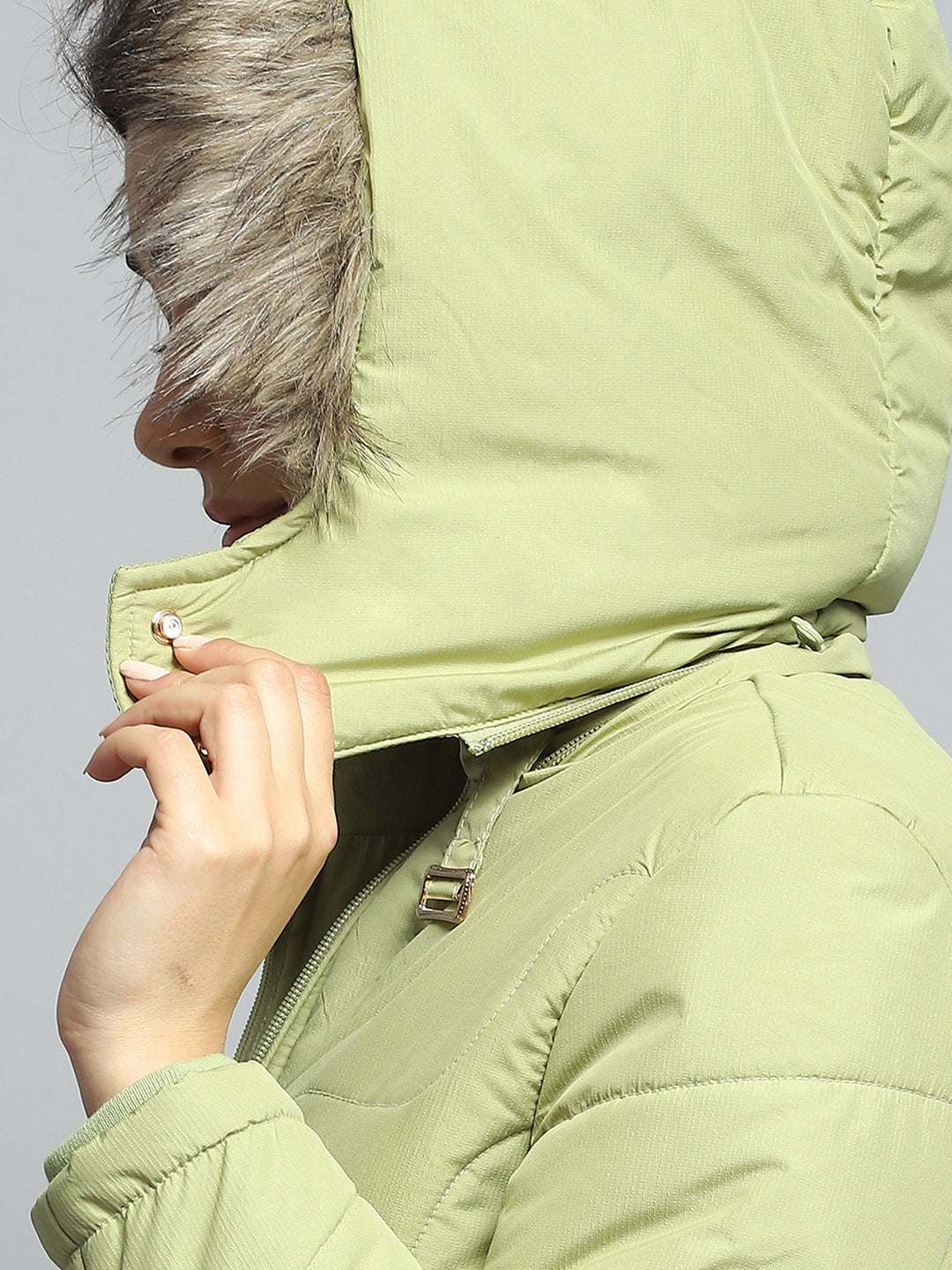 Women Green Self Design Detachable Hood Full Sleeve Jacket