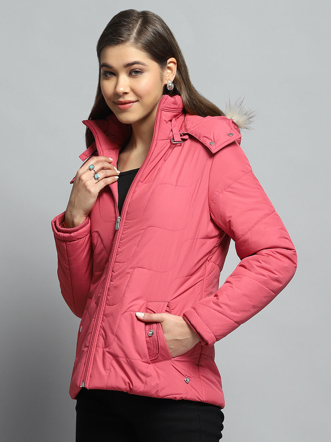 Women Pink Self Design Detachable Hood Full Sleeve Jacket