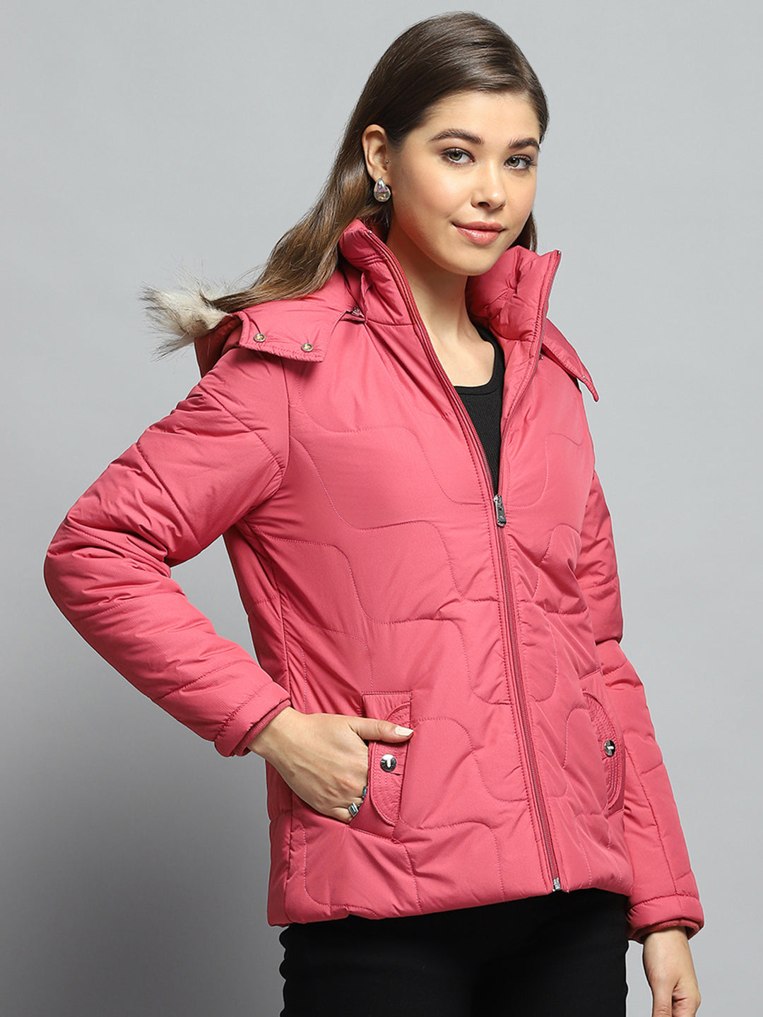 Women Pink Self Design Detachable Hood Full Sleeve Jacket