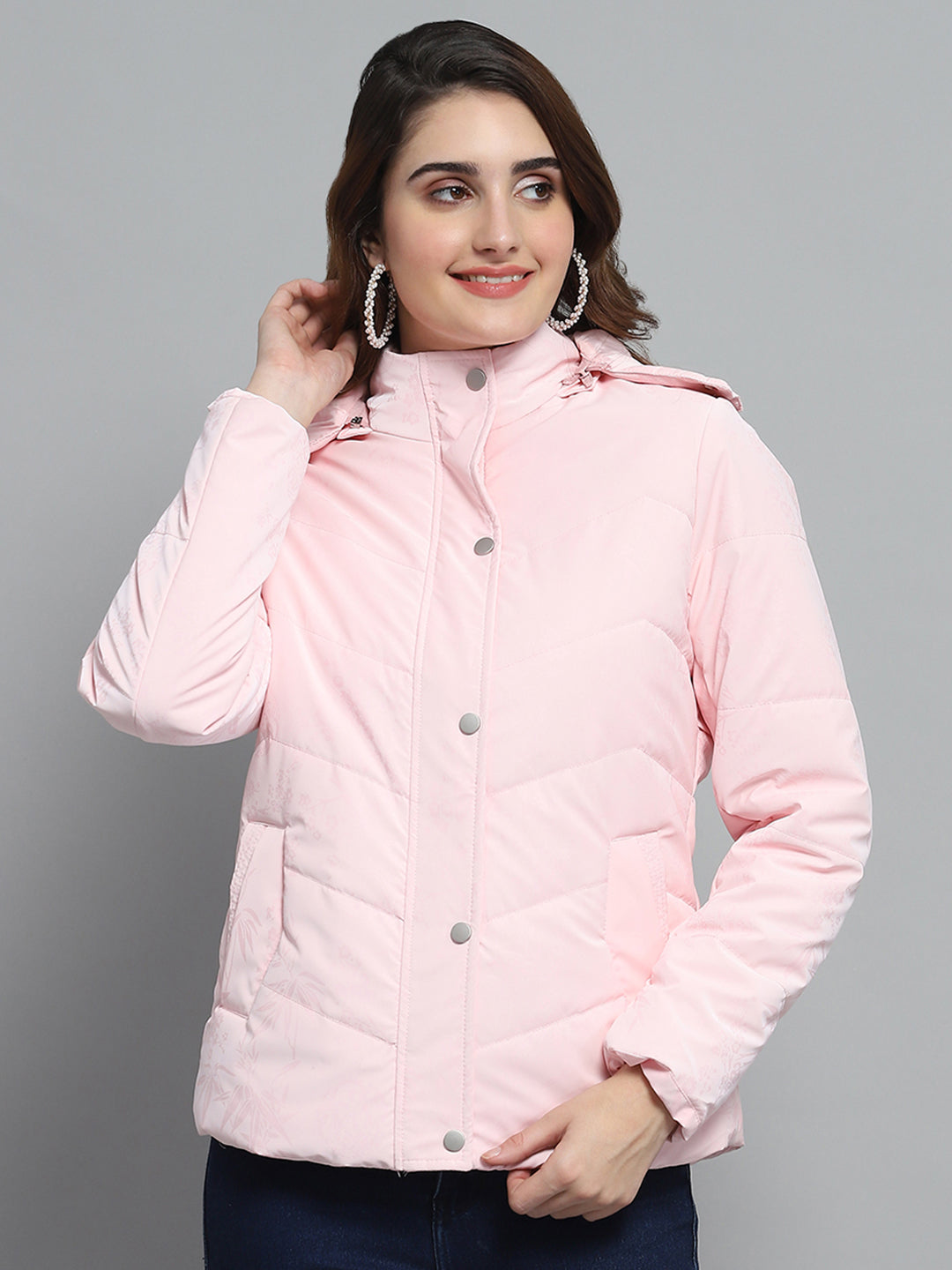 Women Pink Printed Detachable Hood Full Sleeve Jacket