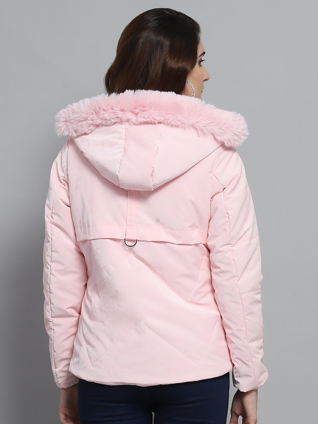 Women Pink Printed Detachable Hood Full Sleeve Jacket