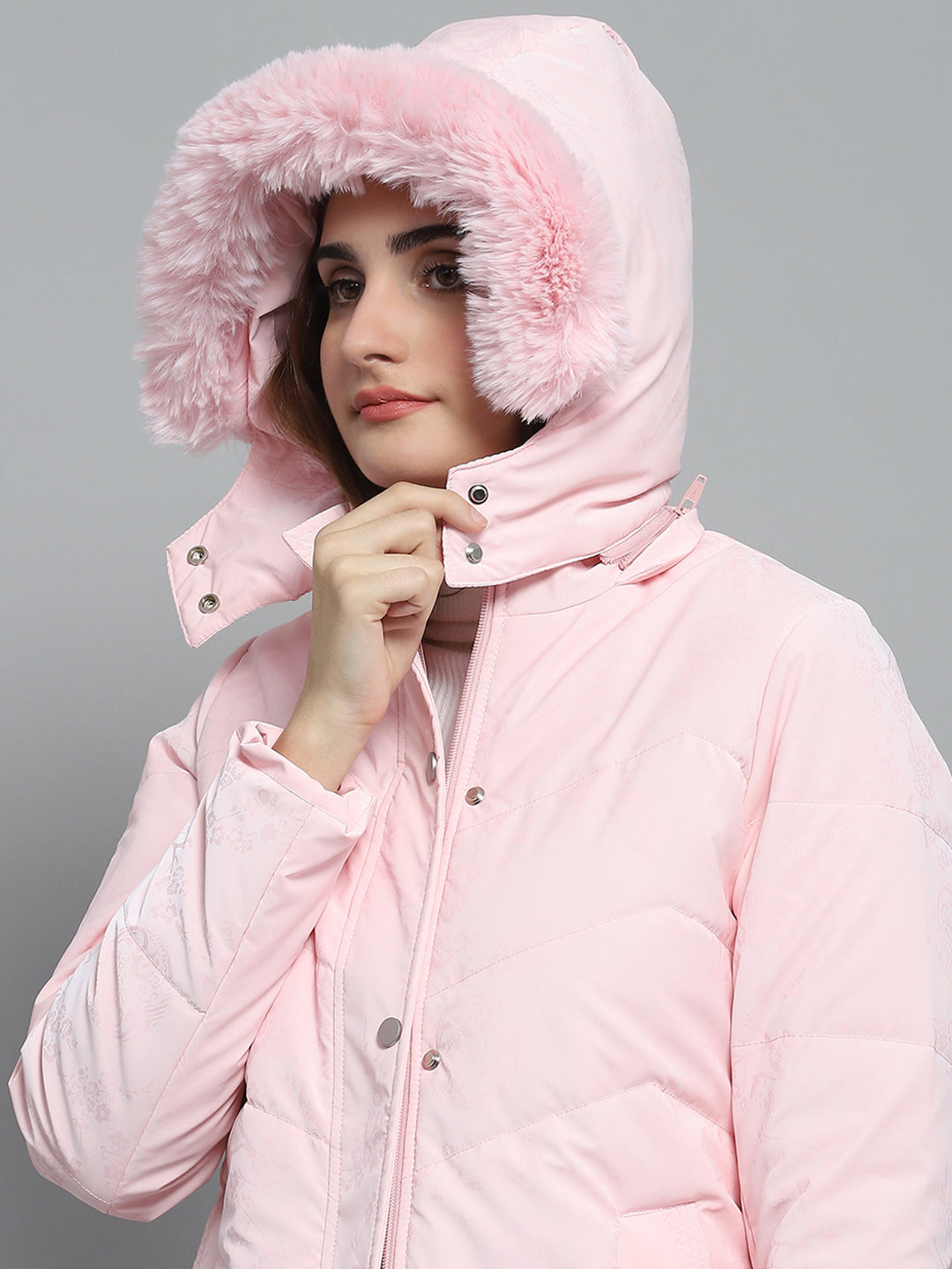 Women Pink Printed Detachable Hood Full Sleeve Jacket