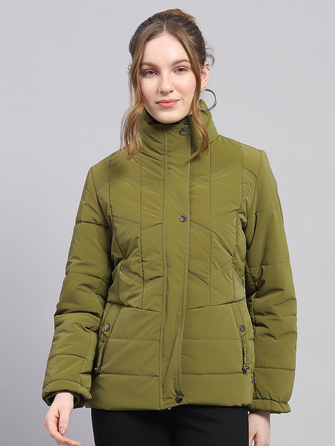 Women Green Solid High Neck Full Sleeve Jacket