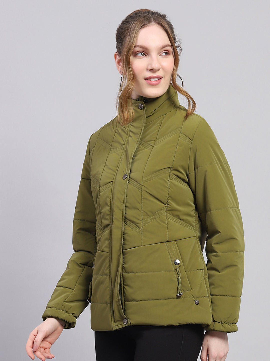 Women Green Solid High Neck Full Sleeve Jacket