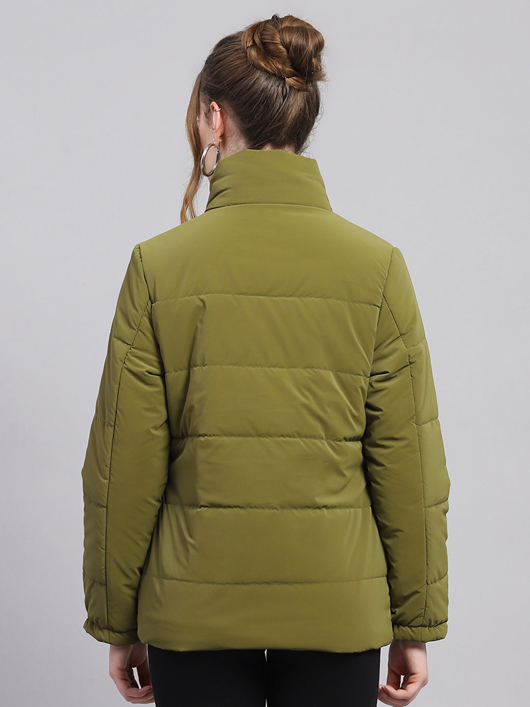 Women Green Solid High Neck Full Sleeve Jacket