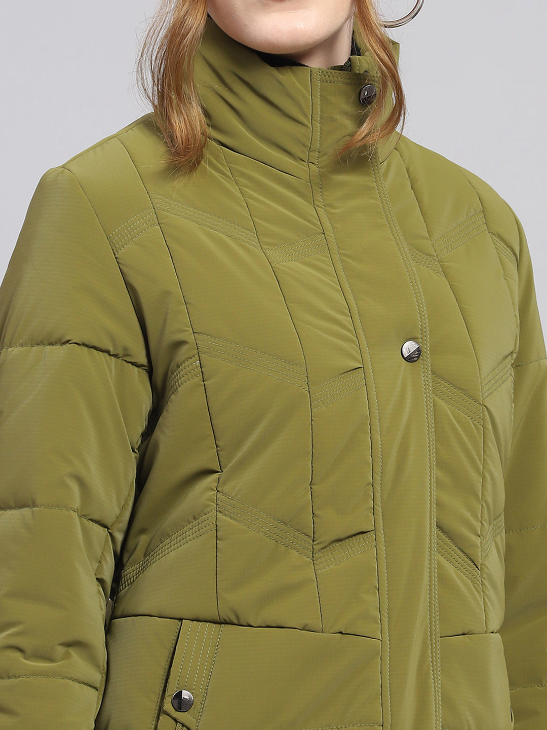 Women Green Solid High Neck Full Sleeve Jacket