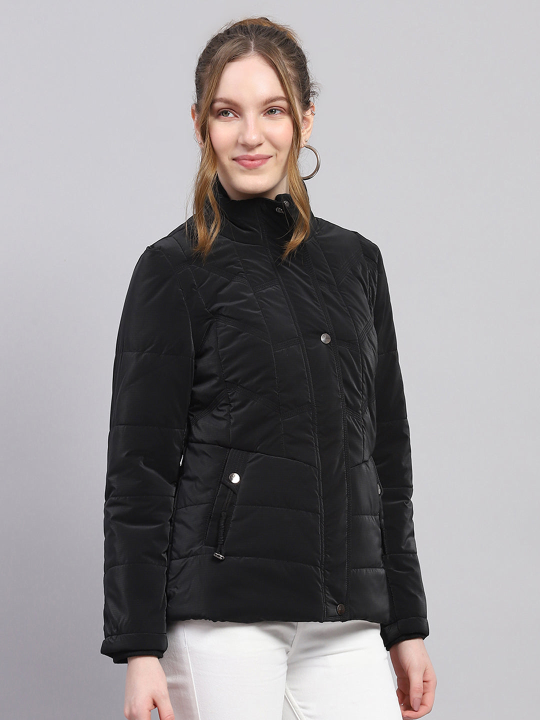 Women Black Solid High Neck Full Sleeve Jacket