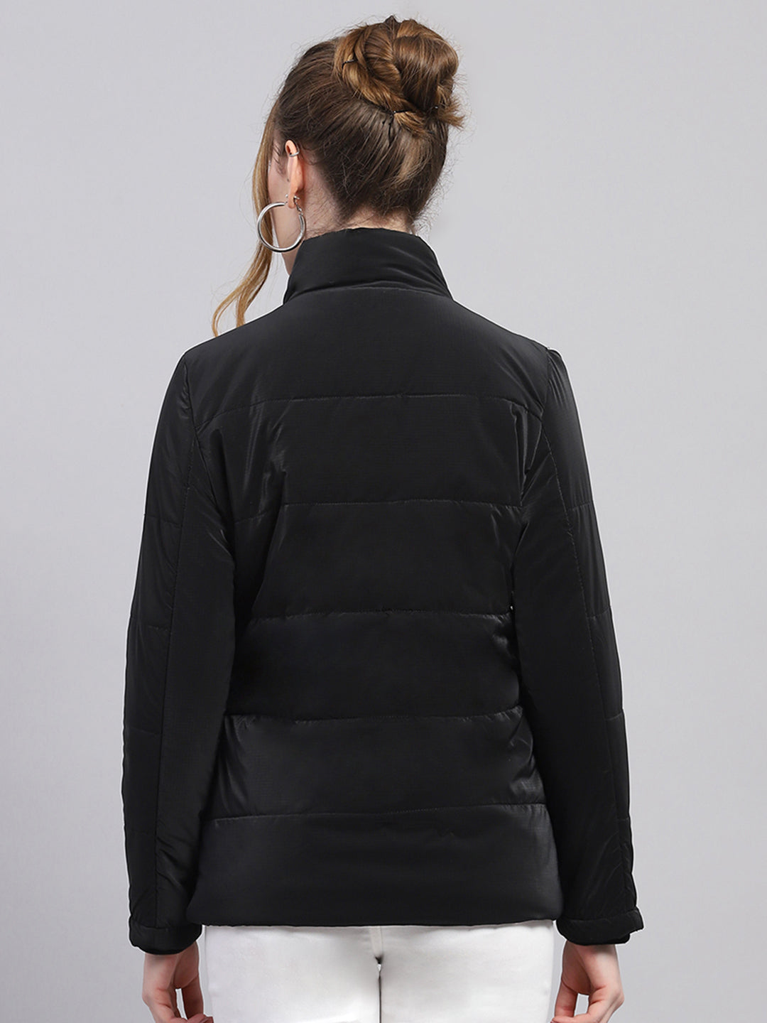 Women Black Solid High Neck Full Sleeve Jacket