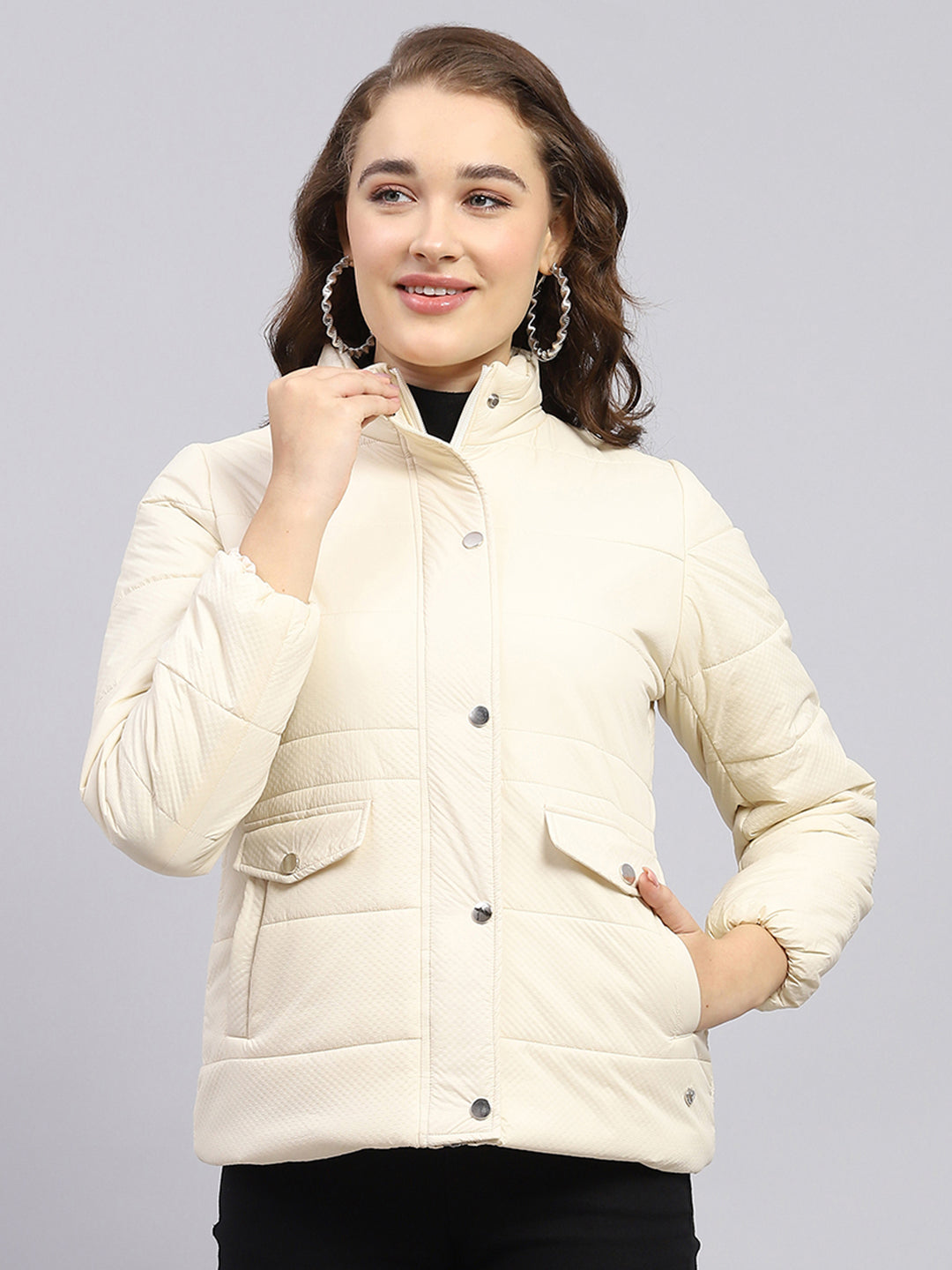 Women Cream Solid Mock Neck Full Sleeve Jacket