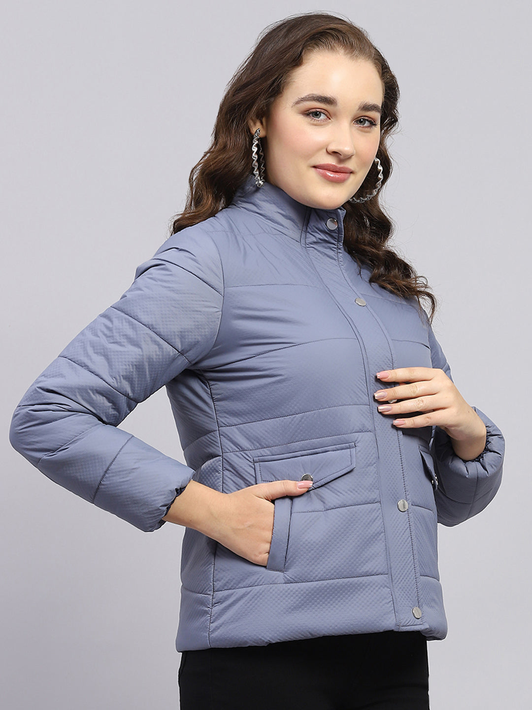 Women Blue Solid Mock Neck Full Sleeve Jacket