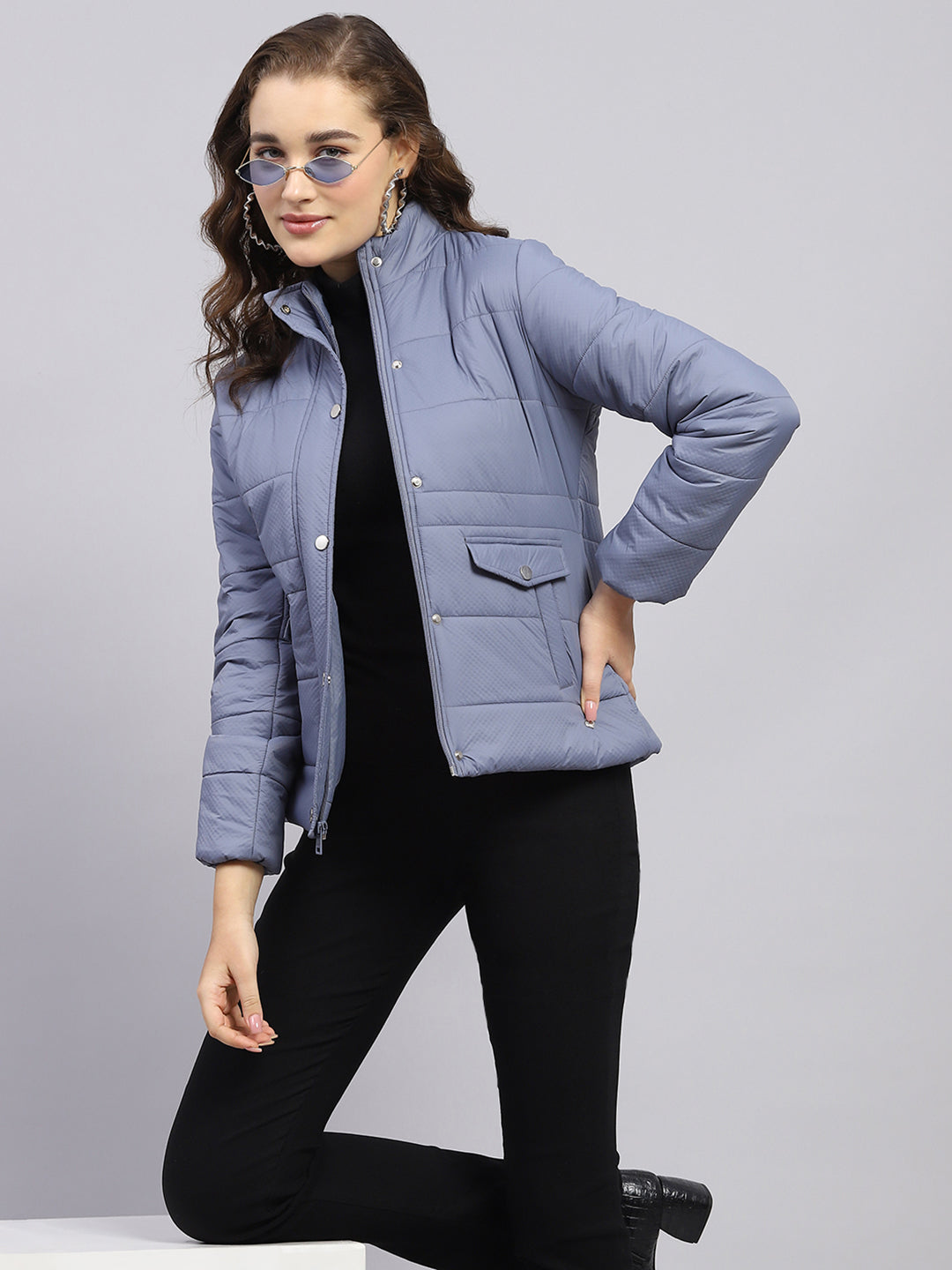 Women Blue Solid Mock Neck Full Sleeve Jacket