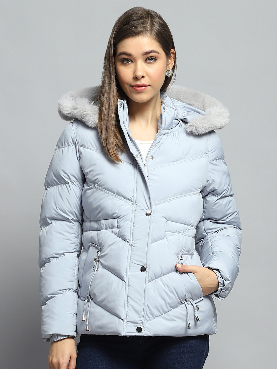 Women Grey Solid Detachable Hood Full Sleeve Jacket