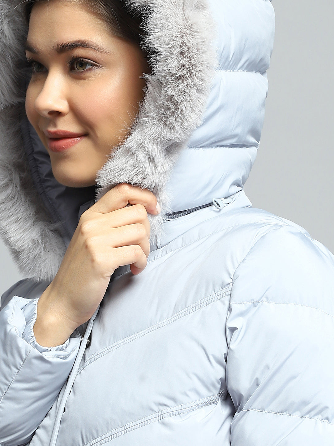 Women Grey Solid Detachable Hood Full Sleeve Jacket