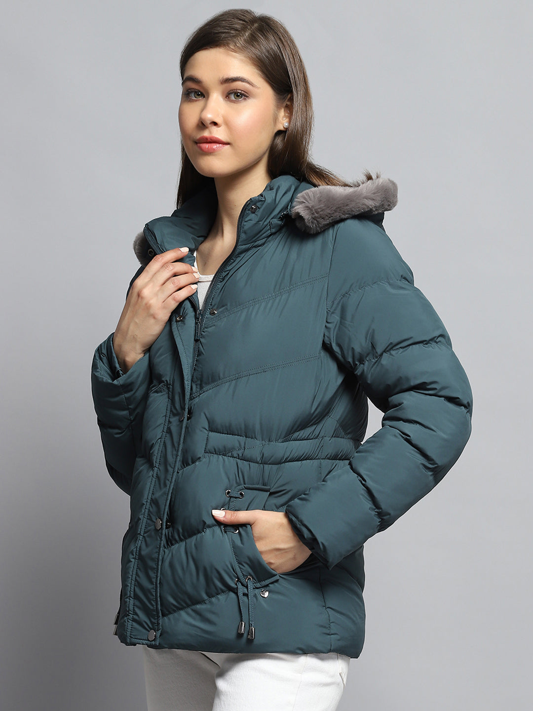 Women Green Solid Detachable Hood Full Sleeve Jacket