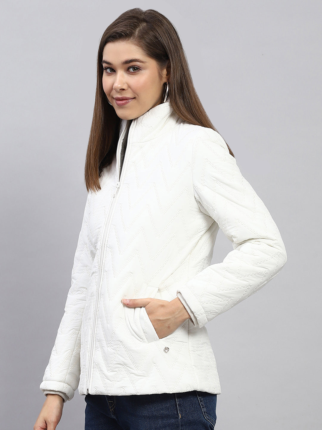 Women White Embroidered Mock Neck Full Sleeve Jacket