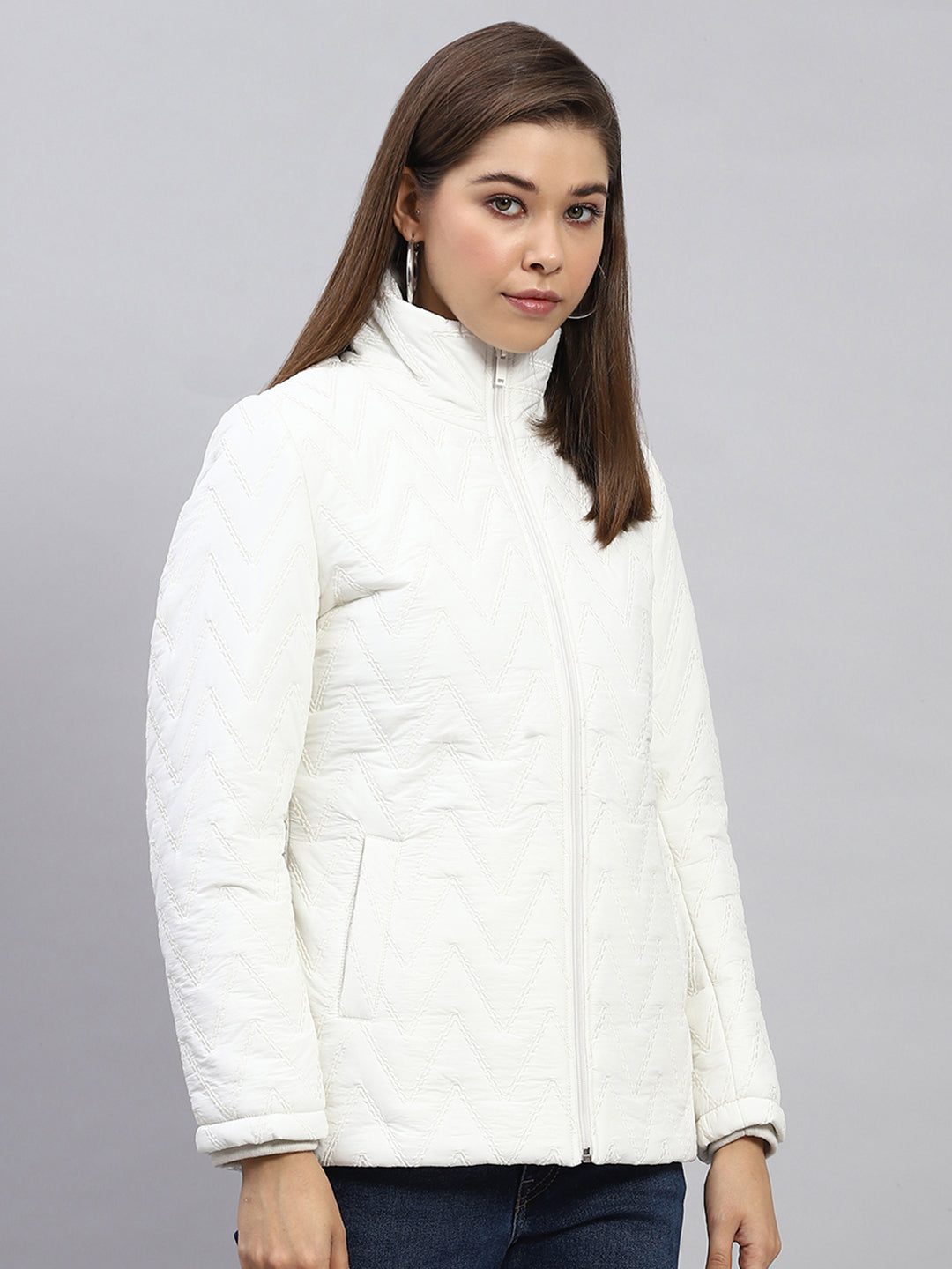 Women White Embroidered Mock Neck Full Sleeve Jacket