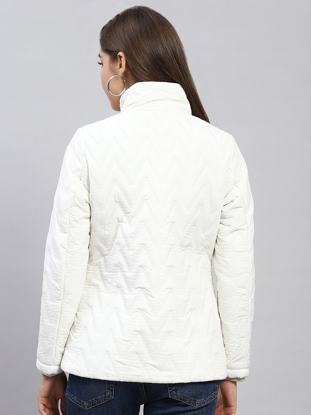 Women White Embroidered Mock Neck Full Sleeve Jacket