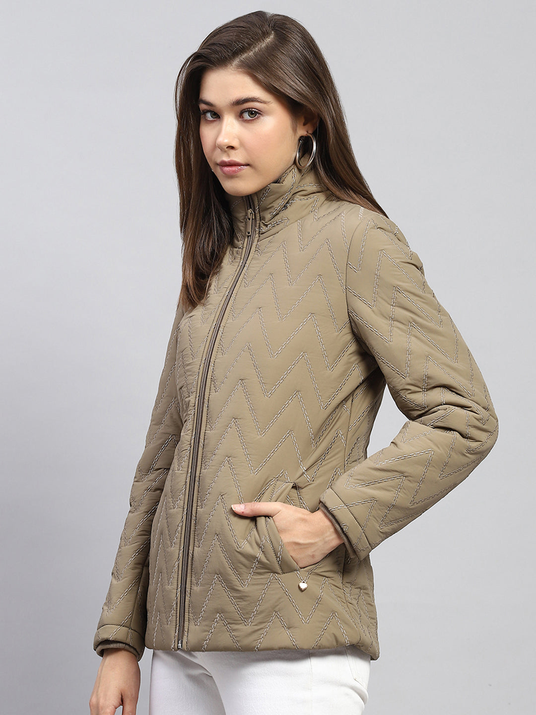 Women Khaki Embroidered Mock Neck Full Sleeve Jacket