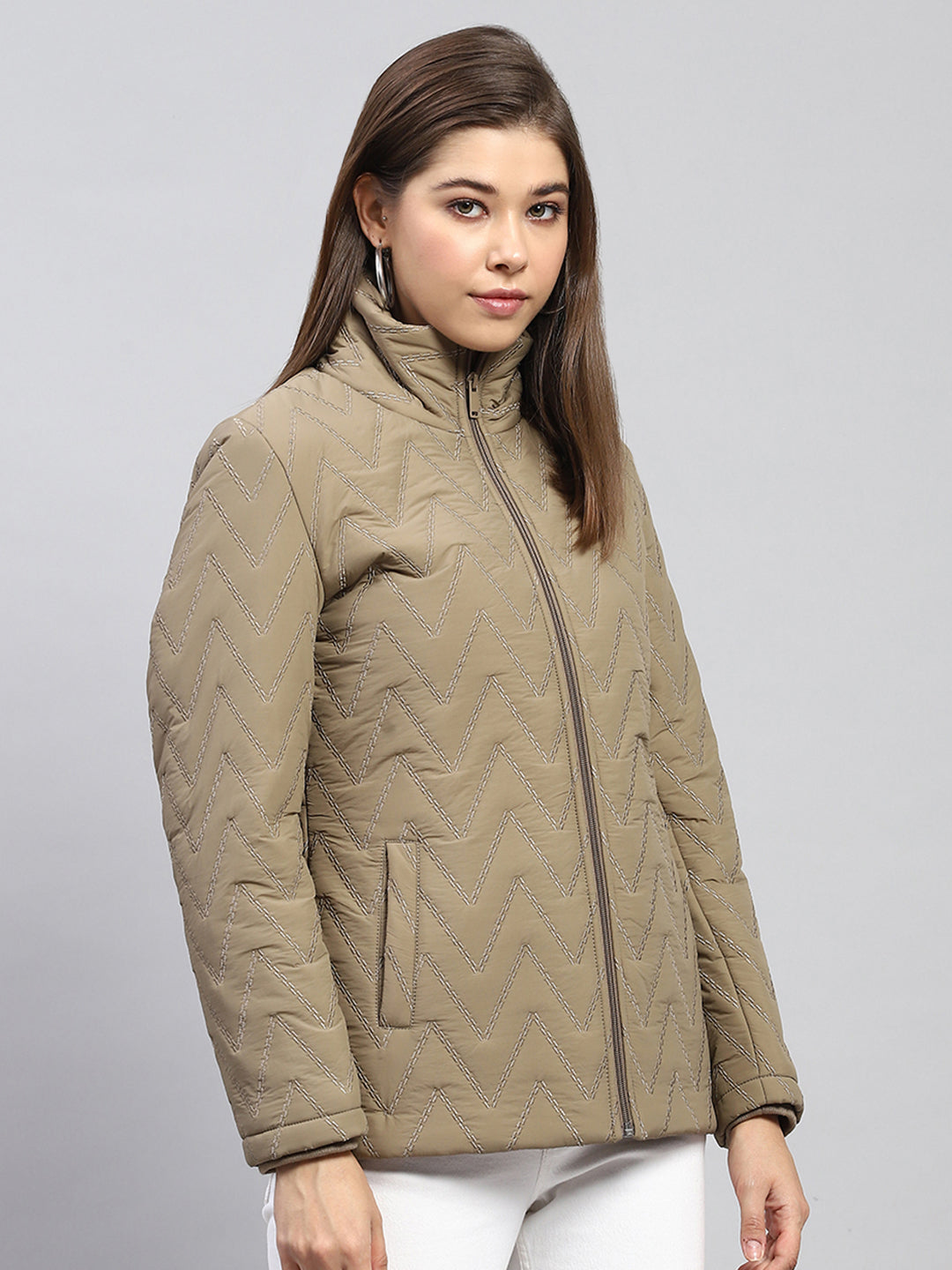 Women Khaki Embroidered Mock Neck Full Sleeve Jacket