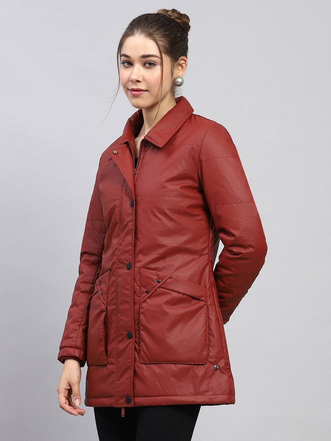 Women Rust Self Design Collar Full Sleeve Jacket