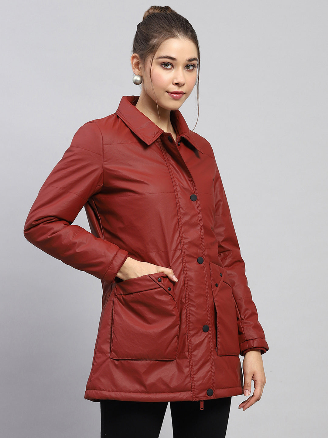 Women Rust Self Design Collar Full Sleeve Jacket