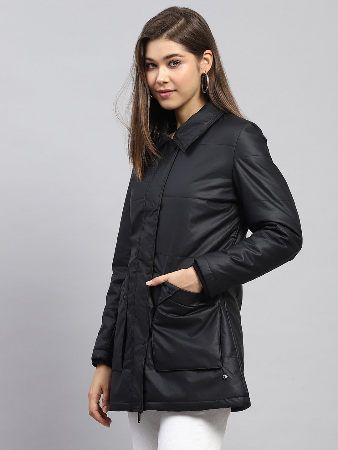 Women Black Self Design Collar Full Sleeve Jacket