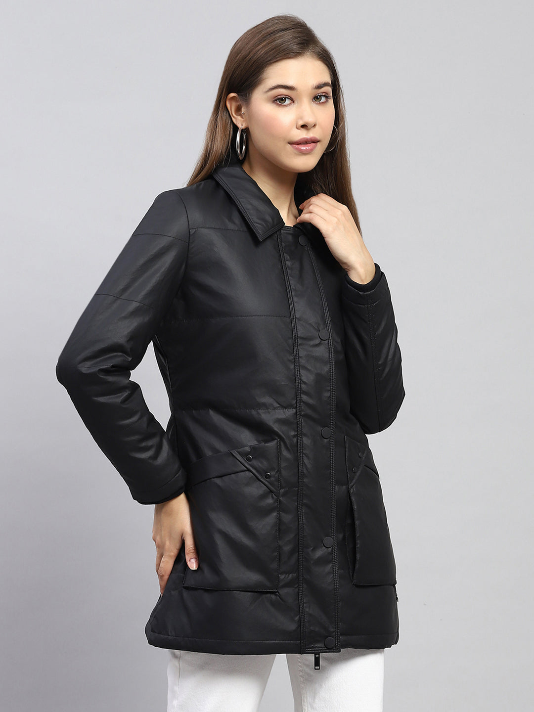 Women Black Self Design Collar Full Sleeve Jacket