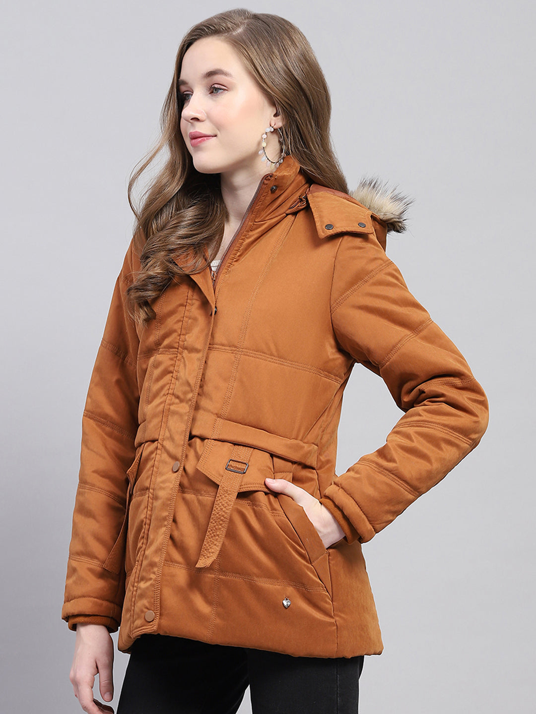 Women Rust Solid Detachable Hood Full Sleeve Jacket