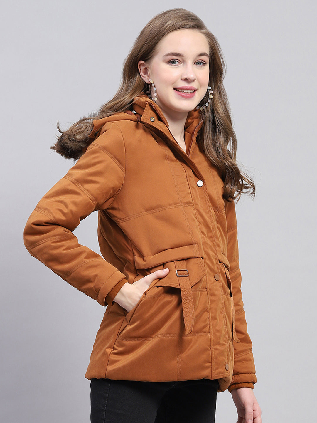 Women Rust Solid Detachable Hood Full Sleeve Jacket