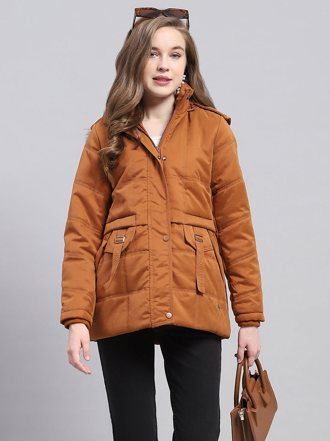 Women Rust Solid Detachable Hood Full Sleeve Jacket