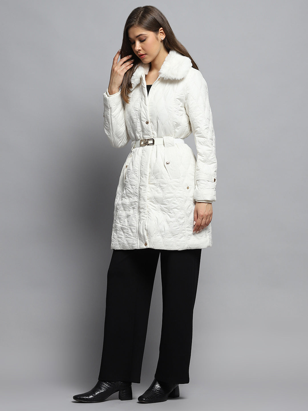 Women White Self Design Collar Full Sleeve Jacket