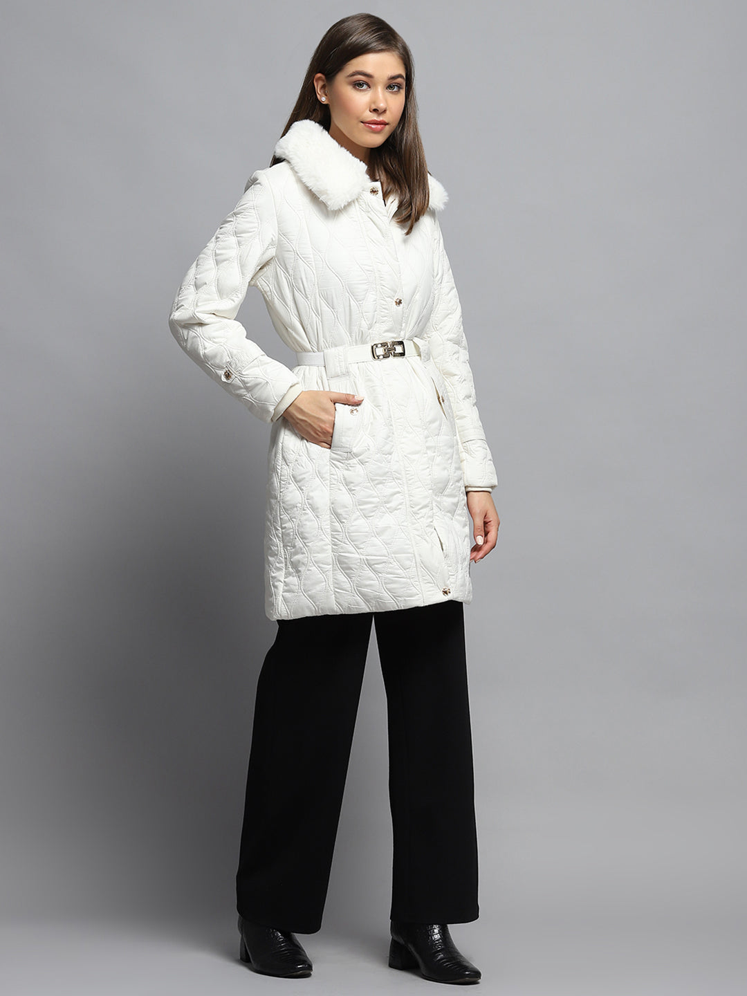 Women White Self Design Collar Full Sleeve Jacket