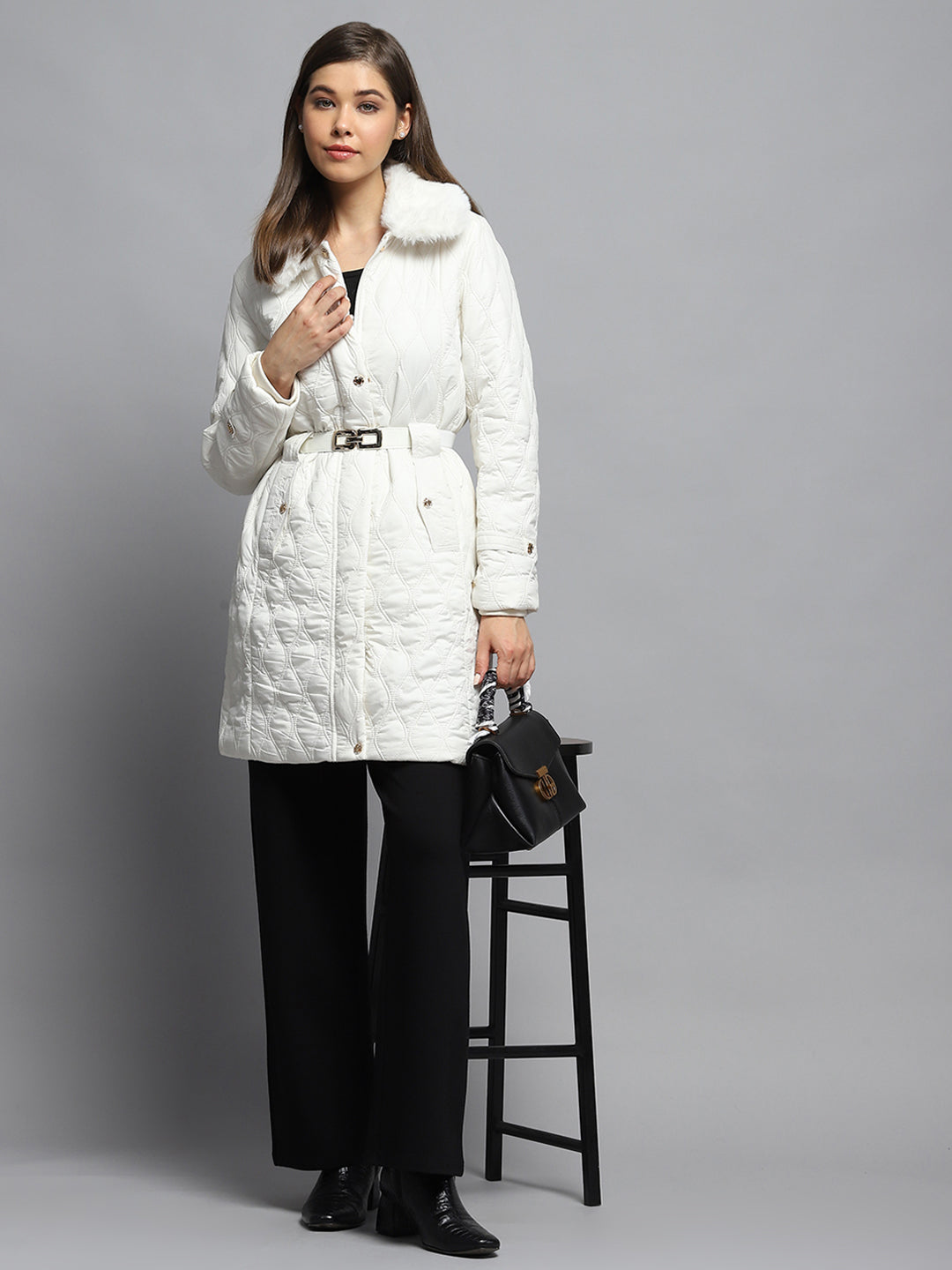 Women White Self Design Collar Full Sleeve Jacket