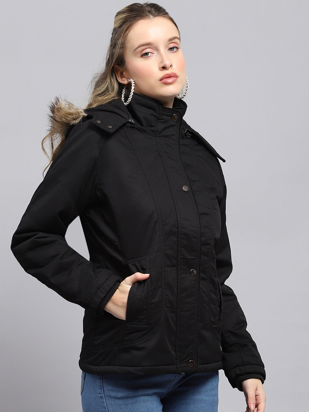 Women Black Solid Detachable Hood Full Sleeve Jacket