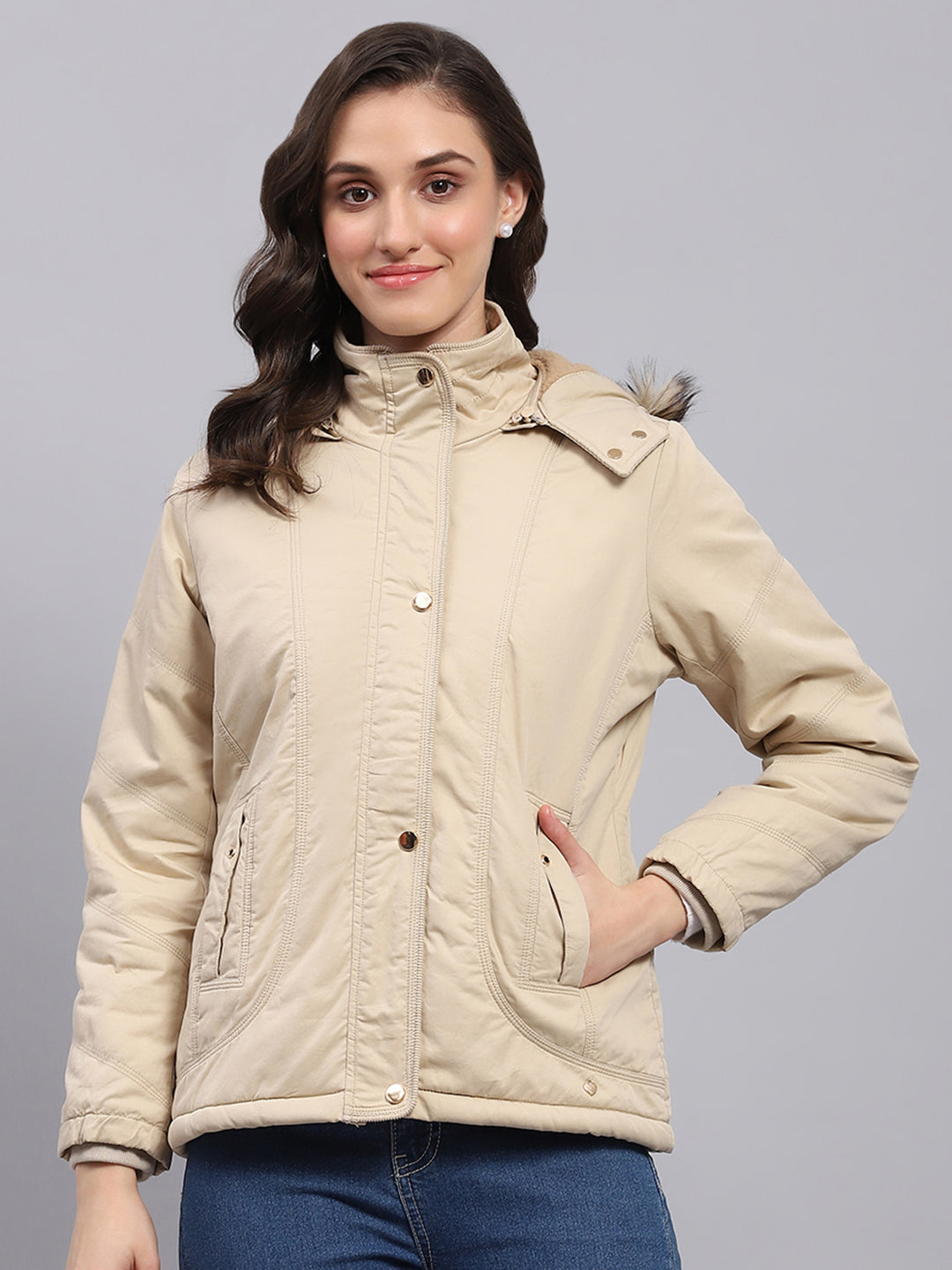 Women Beige Solid Detachable Hood Full Sleeve Jacket