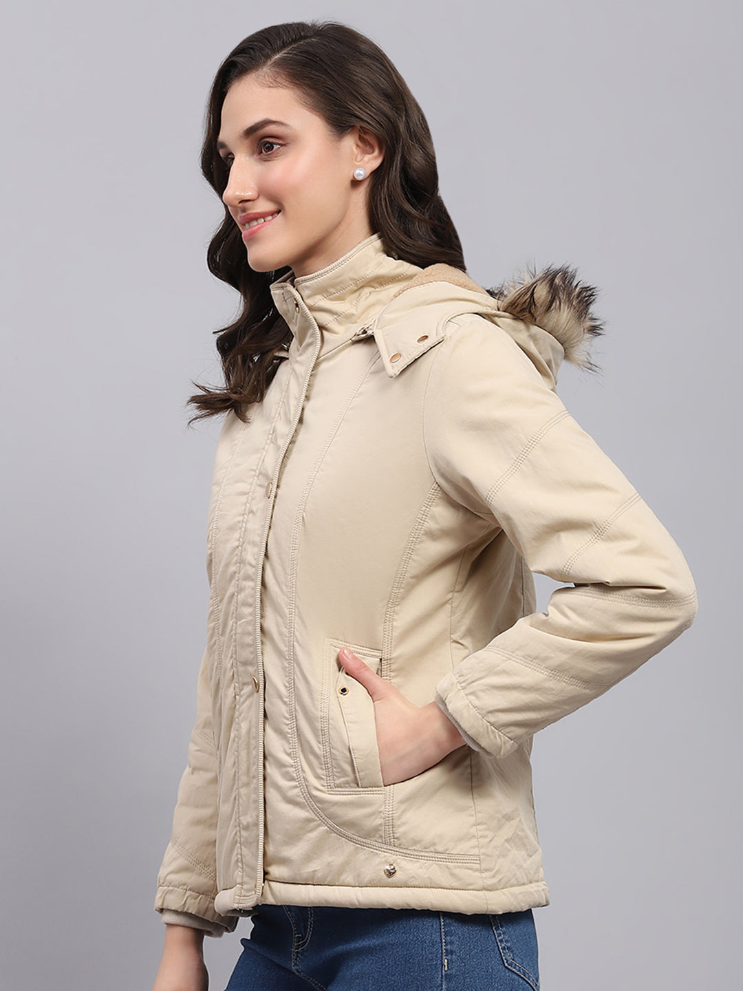 Women Beige Solid Detachable Hood Full Sleeve Jacket