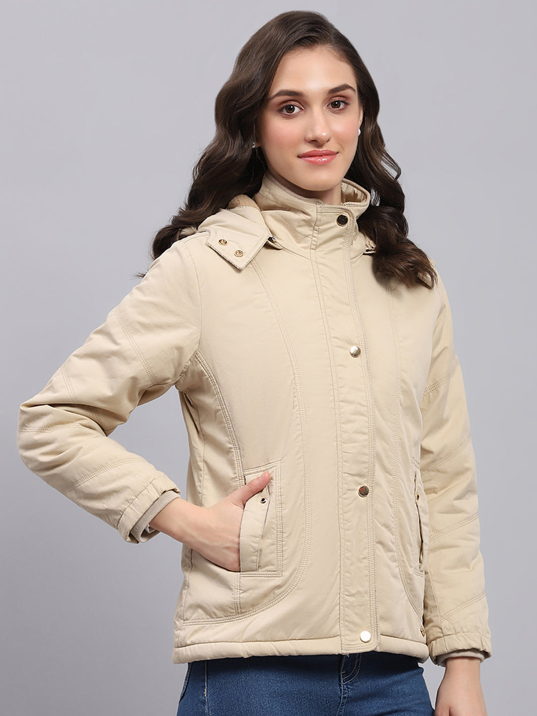 Women Beige Solid Detachable Hood Full Sleeve Jacket