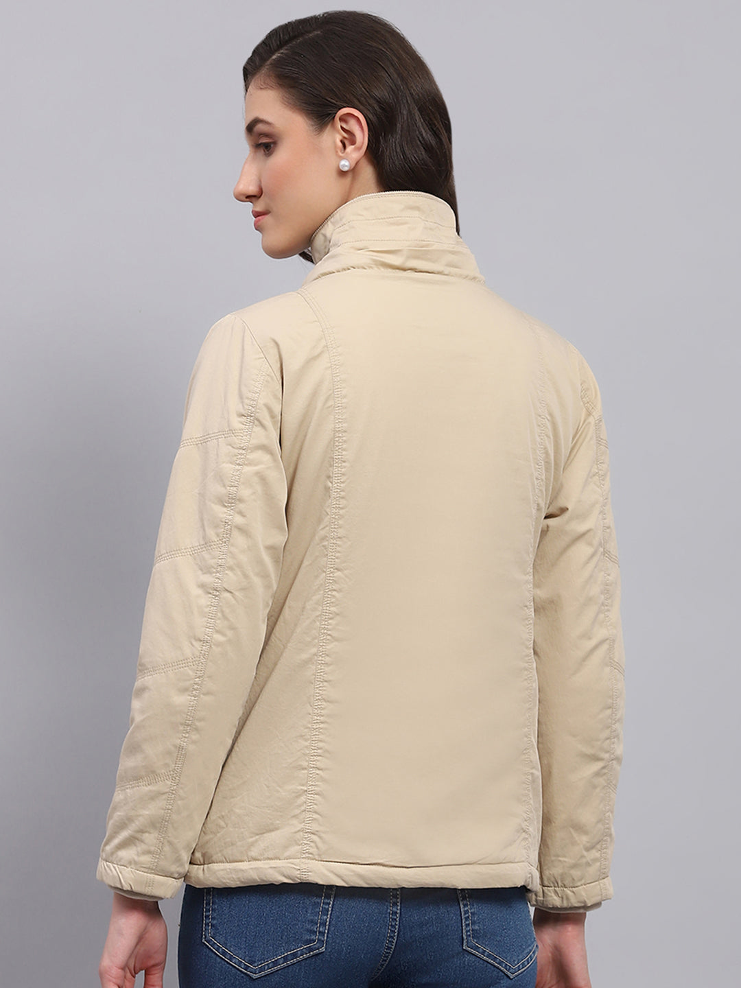 Women Beige Solid Detachable Hood Full Sleeve Jacket