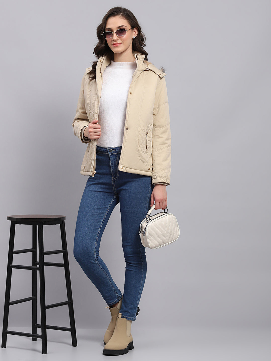 Women Beige Solid Detachable Hood Full Sleeve Jacket