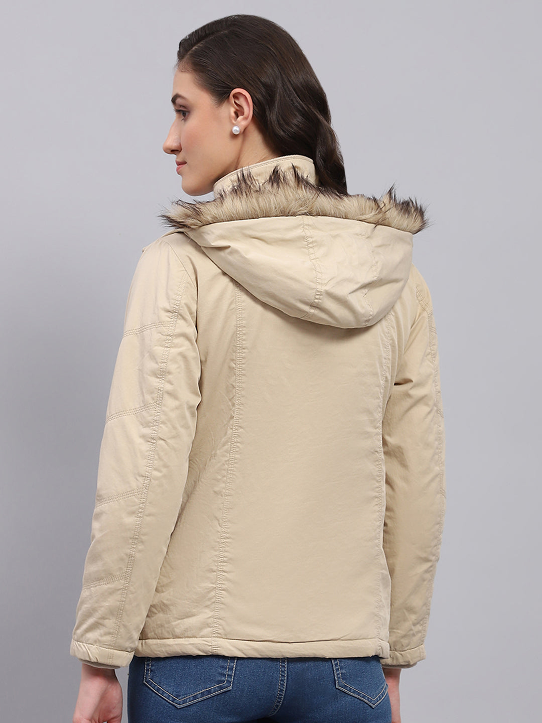 Women Beige Solid Detachable Hood Full Sleeve Jacket