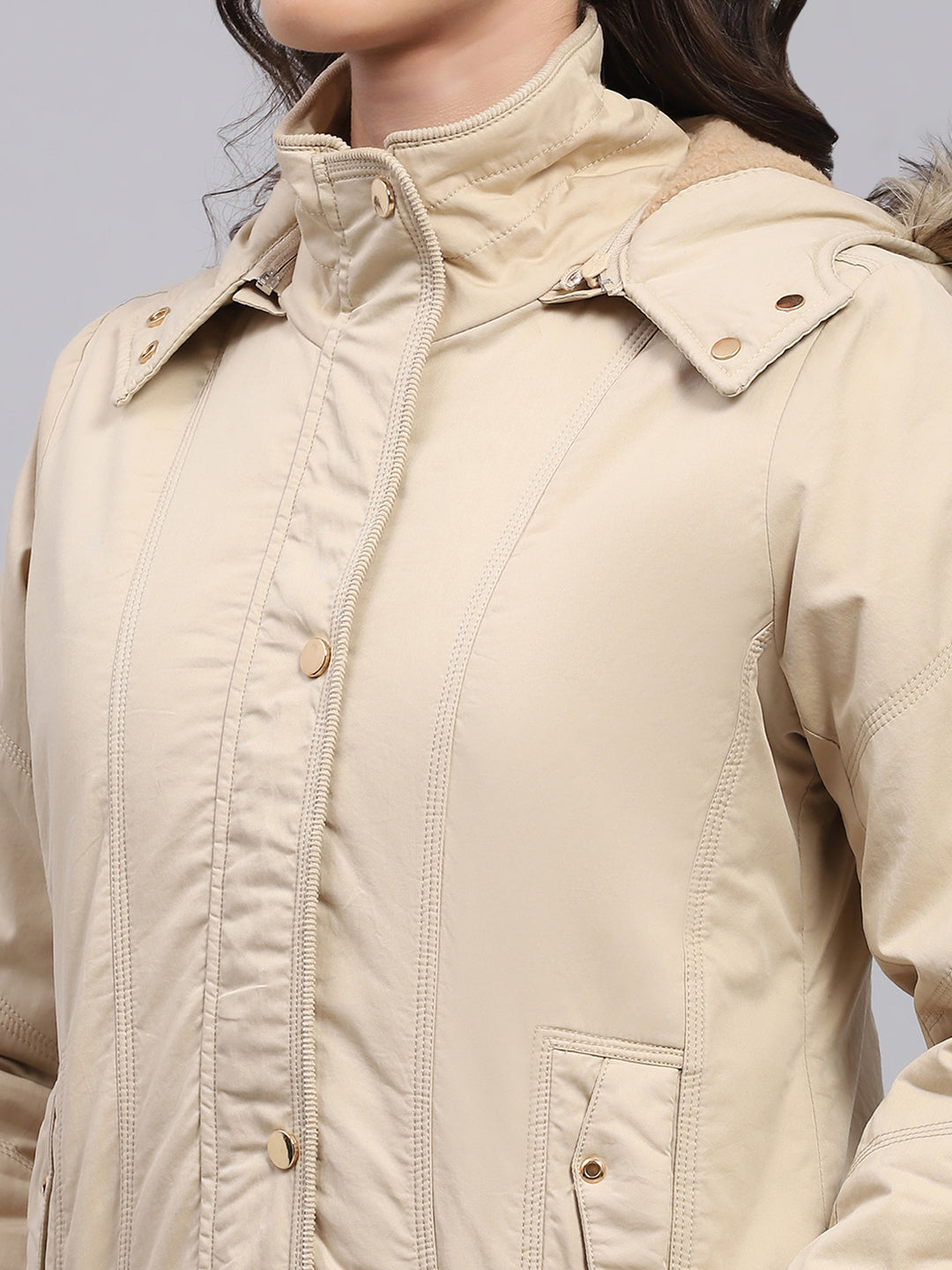 Women Beige Solid Detachable Hood Full Sleeve Jacket