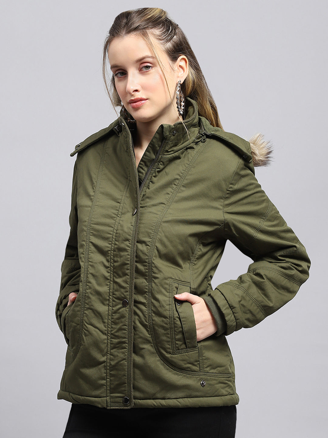 Women Green Solid Detachable Hood Full Sleeve Jacket