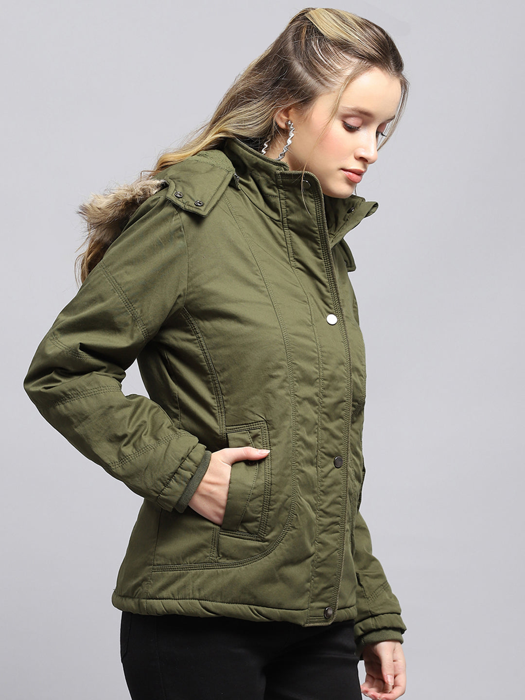 Women Green Solid Detachable Hood Full Sleeve Jacket