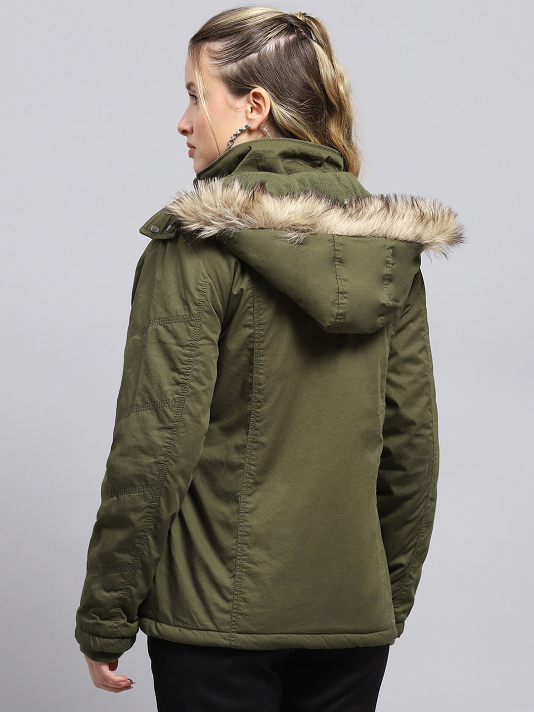 Women Green Solid Detachable Hood Full Sleeve Jacket