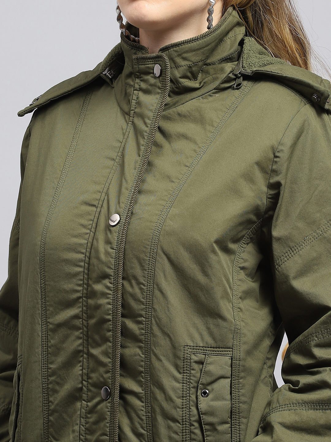 Women Green Solid Detachable Hood Full Sleeve Jacket