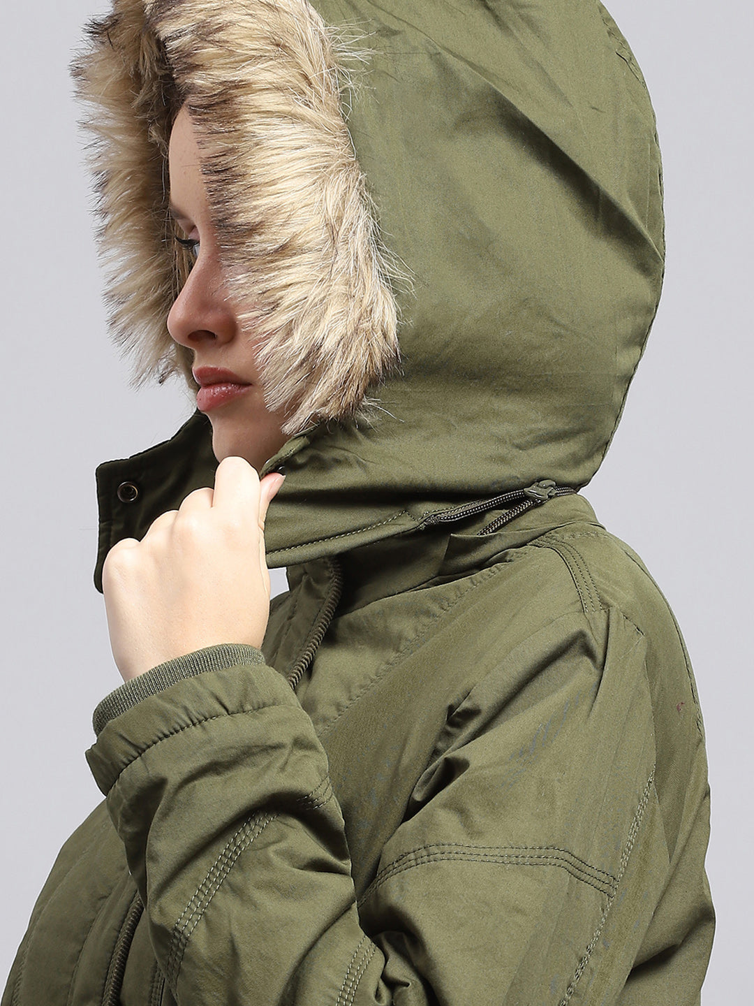 Women Green Solid Detachable Hood Full Sleeve Jacket