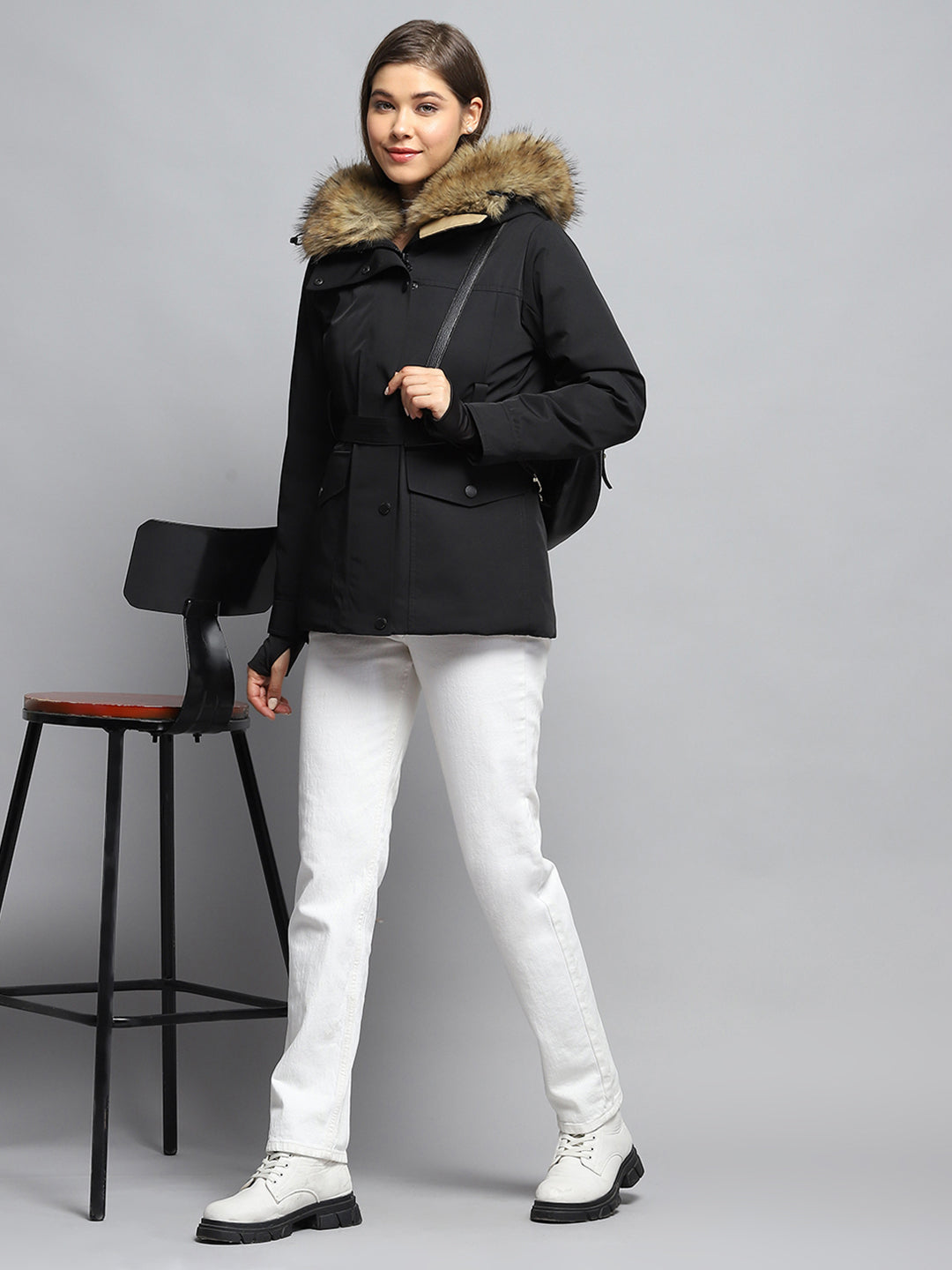 Women Black Solid Hooded Full Sleeve Jacket