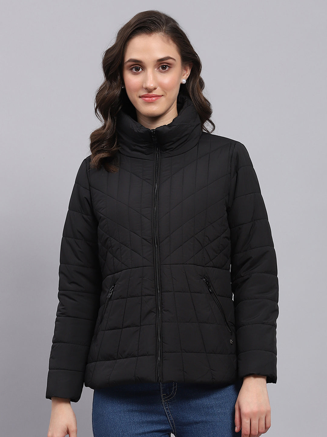 Women Black Solid High Neck Full Sleeve Jacket